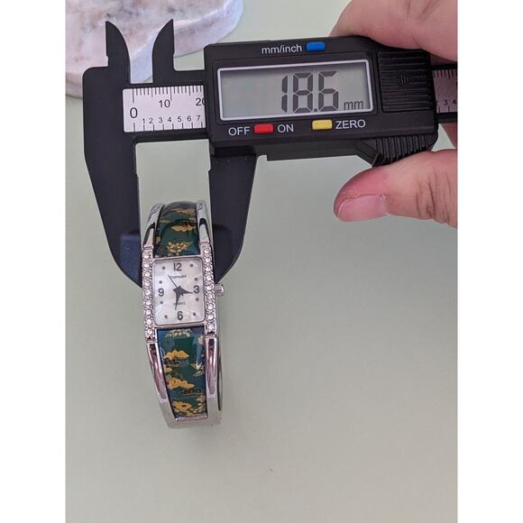 Vintage Domani Silver Tone Bangle Watch Yellow Florals on Green - Picture 7 of 10